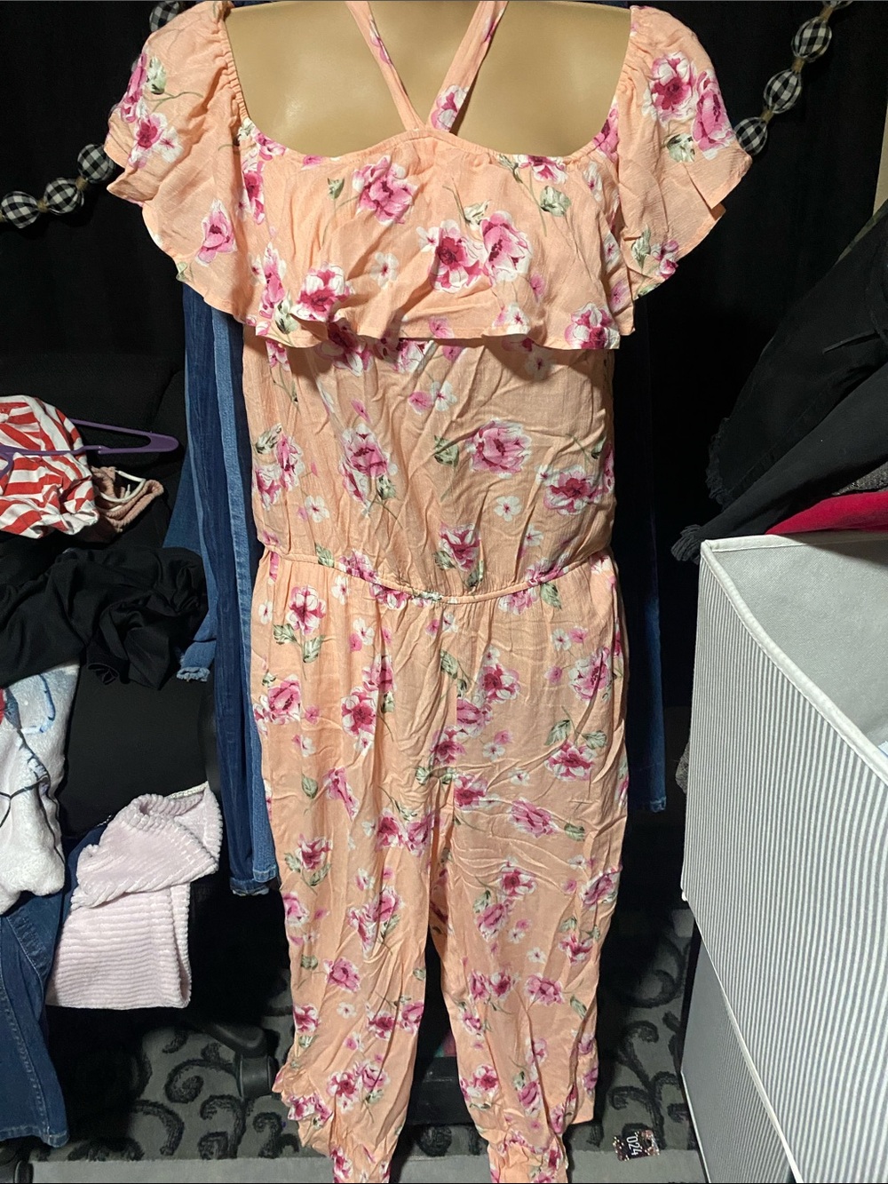 easel Peach Floral Ruffle Off-Shoulder Jumpsuit